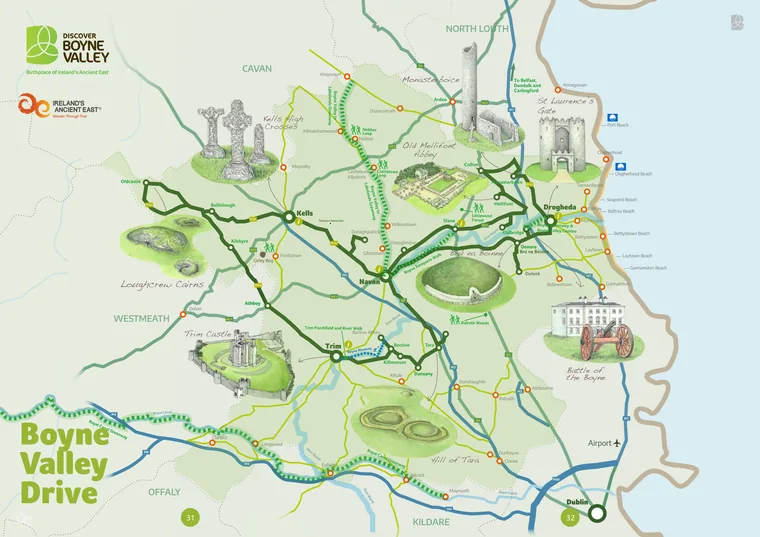 Illustrated Boyne Valley Drive map showing Newgrange, Trim Castle, Tara, Monasterboice and coastal beaches