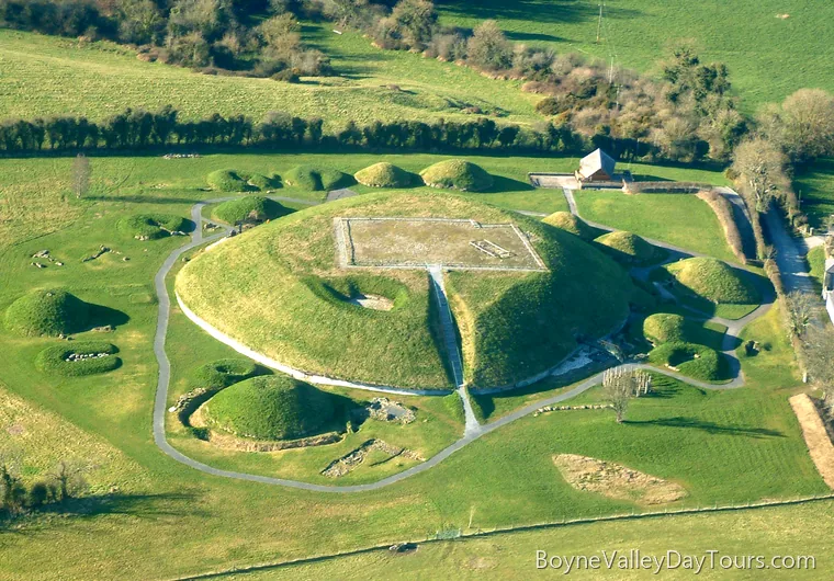 Aerial view of the great mound and satellite tombs at Knowth in the Boyne Valley