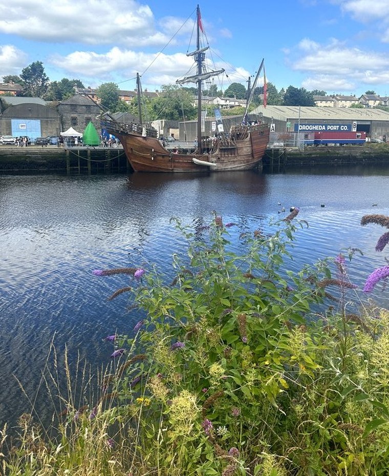 Nao Santa María moored at Drogheda Port, seen from the south bank of the Boyne
