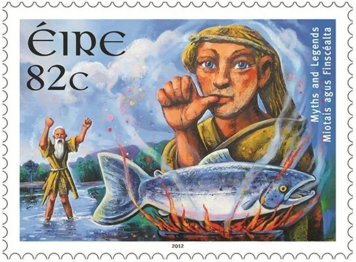 2012 Irish stamp of the Salmon of Knowledge showing Fionn sucking his thumb and Finnegas in the River Boyne