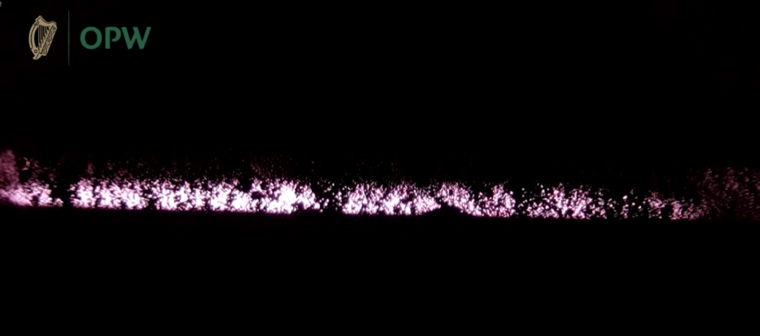 Overhead view of the beam of light inside the Newgrange chamber.